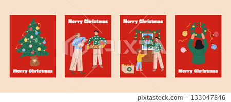 Set of Christmas and New Year greeting cards and banners showing a family baking cookies, decorating the house, Christmas tree and wreath, cozy festive home atmosphere illustration 133047846