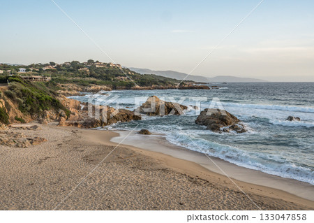 Spectacular view Golf at Sagone Corsica France beautyful sand Beach boats mountain village Tourism and vacations concept 133047858