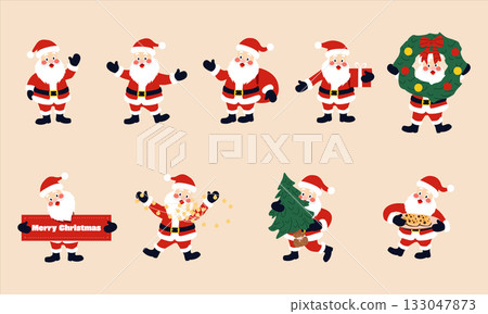 Set of cute Santa Claus illustrations in red costume cartoon style collection of Santa characters performing different activities: holding gifts, carrying Christmas tree, decorating, and celebrating 133047873