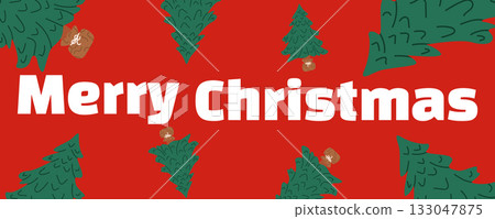 Merry Christmas banner with festive trees and Merry Christmas text on red background. Holiday design, xmas pattern, winter celebration 133047875