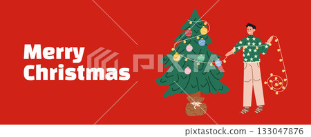 Merry Christmas banner with man decorating Christmas tree with lights and garland on red background. Holiday illustration and winter festive design 133047876
