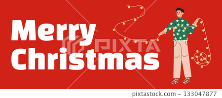 Merry Christmas banner with man holding festive garland and text on red background. Holiday design, xmas greeting and winter celebration concept 133047877