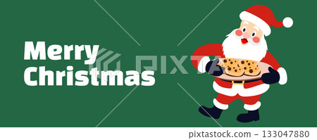 Cute Santa Claus holding a big plate with cookies Merry Christmas banner in cartoon style on green festive background, winter holiday vector illustration Cute Santa Claus holding a big plate with cookies Merry Christmas banner in cartoon style on green festive background, winter holiday vector illustration 133047880
