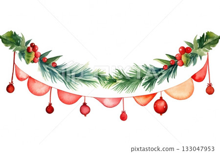 Watercolor illustration of Christmas stockings and pine garland 133047953