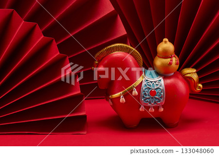 Lunar New Year 2026. New Year background. Decorative Red Horse Lunar New Year 2026. New Year background. Decorative Red Horse 133048060