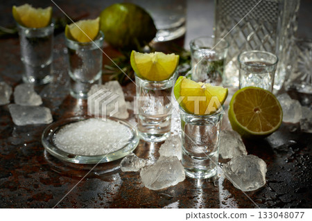 Tequila with lime, sea salt, and crushed ice. Tequila with lime, sea salt, and crushed ice. 133048077