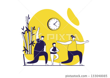 Healthy families web concept with flat people for website design. Mother, father and son doing yoga together, practicing asanas and training body, stretching and mindfulness. Vector illustration. Healthy families web concept with flat people for website design. Mother, father and son doing yoga together, practicing asanas and training body, stretching and mindfulness. Vector illustration. 133048085