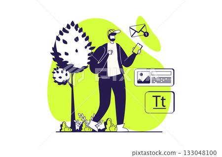 Freelance working web concept with flat people for website design. Man answering client emails, doing tasks and managing project online from mobile phone while walking in park. Vector illustration. 133048100