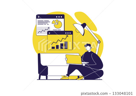 Freelance working web concept with flat people for website design. Man doing marketing tasks, making data analysis online from laptop and homeworking in comfortable home office. Vector illustration. 133048101
