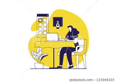 Freelance working web concept with flat people for website design. Woman works as designer and creating layouts, doing project tasks online from laptop while sitting cafe table. Vector illustration. Freelance working web concept with flat people for website design. Woman works as designer and creating layouts, doing project tasks online from laptop while sitting cafe table. Vector illustration. 133048103