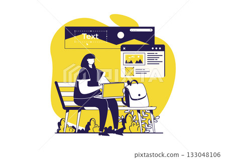 Freelance working web concept with flat people for website design. Woman works as designer or programmer, doing tasks online from laptop while sitting in park bench outdoors. Vector illustration. 133048106