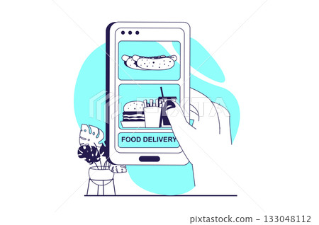 Food delivery web concept with flat people for website design. Woman choosing meal in mobile application, making online orders in restaurant, paying and using shipping service. Vector illustration. 133048112