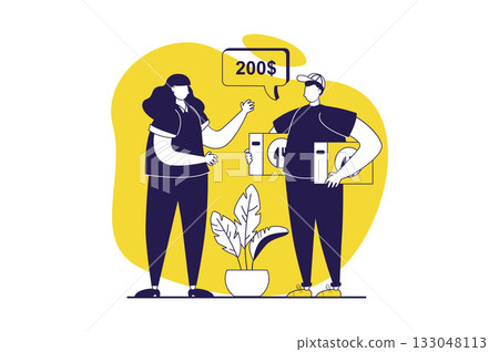 Food delivery web concept with flat people for website design. Woman making online orders in restaurant and getting parcel boxes from courier, paying of meal transportation. Vector illustration. 133048113