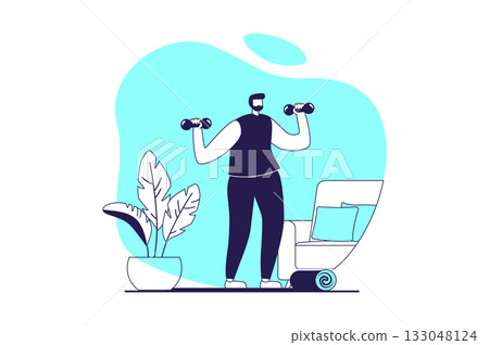 Fitness at gym web concept with flat people for website design. Man training with dumbbells at home, doing exercises with strength program, bodybuilding and pumping muscles. Vector illustration. 133048124