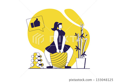 Fitness at gym web concept with flat people for website design. Woman training with fit ball and dumbbells at sport class, doing exercises with workout program at home equipment. Vector illustration. 133048125
