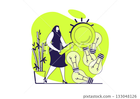 Finding ideas web concept with flat people for website design. Woman with magnifier making research, looking information and brainstorming, finding decisions and innovations. Vector illustration. 133048126