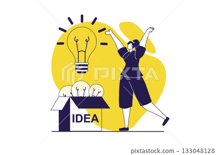 Finding ideas web concept with flat people for website design. Woman making research and brainstorming, finding creative decision and improvement, searching solving and insights. Vector illustration. 133048128