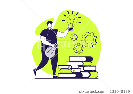Finding ideas web concept with flat people for website design. Man making exploration and research, finding creative decision and improvement for challenge, searching solving. Vector illustration. 133048129