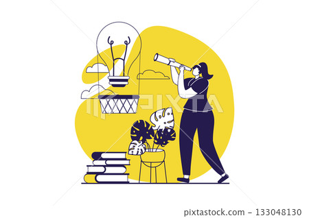 Finding ideas web concept with flat people for website design. Woman looking in telescope and making exploration, finding challenge decision, researching and searching solving. Vector illustration. Finding ideas web concept with flat people for website design. Woman looking in telescope and making exploration, finding challenge decision, researching and searching solving. Vector illustration. 133048130