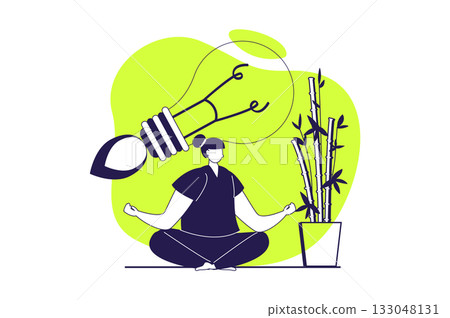 Finding ideas web concept with flat people for website design. Woman thinking and brainstorming in meditation, finding challenge decisions, getting awareness mind and insights. Vector illustration. Finding ideas web concept with flat people for website design. Woman thinking and brainstorming in meditation, finding challenge decisions, getting awareness mind and insights. Vector illustration. 133048131