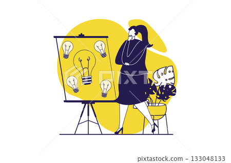 Finding ideas web concept with flat people for website design. Woman thinking, brainstorming and making analysis, solving problem, finding decisions, innovations and inventions. Vector illustration. Finding ideas web concept with flat people for website design. Woman thinking, brainstorming and making analysis, solving problem, finding decisions, innovations and inventions. Vector illustration. 133048133