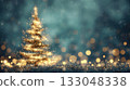 Magical Christmas background showing luminous golden sparkling tree made of light particles and bokeh on dark blue backdrop with soft snowfall. Christmas card with copy space 133048338