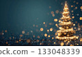 Christmas background featuring golden illuminated tree of light and bokeh on dark blue background with glitter texture. Great for holiday advertising and web banners with copy space 133048339