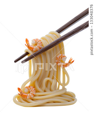Chopsticks lifting portion of delicious shrimp noodles in 3d render. Ideal for food blogs, asian cuisine, restaurant advertising 133048376