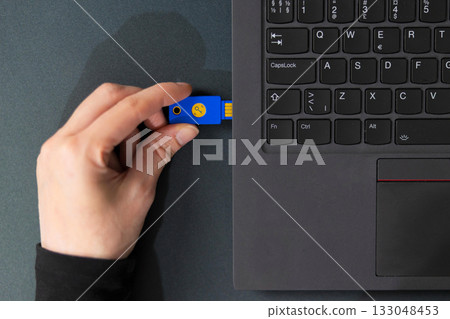 IT security technician using a USB flash drive beside a laptop in a tech office 133048453