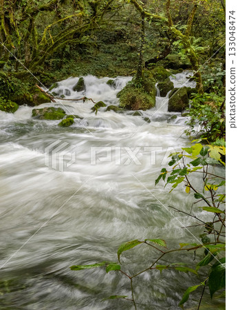 Stormy water flow. Vertical view. 133048474