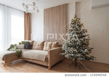 Cozy Living Room with Decorated Christmas Tree and Festive Interior Cozy Living Room with Decorated Christmas Tree and Festive Interior 133048548