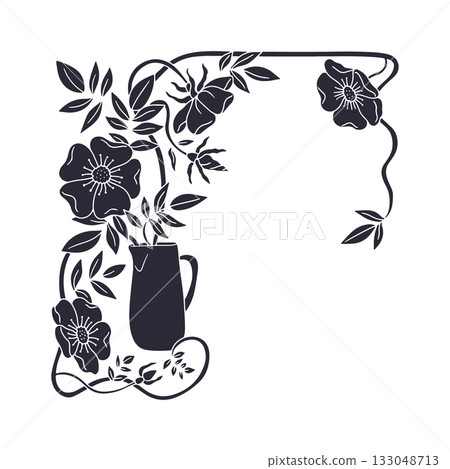 Art nouveau vintage hand drawn vase with black and white wild rose flowers and leaves frame silhouette vector illustration. Monochrome floral card template 133048713