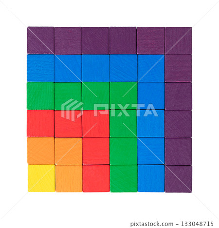 Square number, or perfect square, visualized with wooden color cubes. Integer that is the square of an integer. The product of some integer with itself. 36 cubes arranged as sum of gnomons of squares. 133048715
