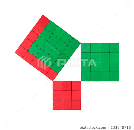 Smallest Pythagorean triple, a right triangle, visualized with wooden color cubes. The square of the length of the hypotenuse is equal to the sum of the squares of the lengths of the other two sides. 133048716