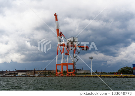 Panoramic view of gantry cranes at the container terminal of Toyama New Port Panoramic view of gantry cranes at the container terminal of Toyama New Port 133048773