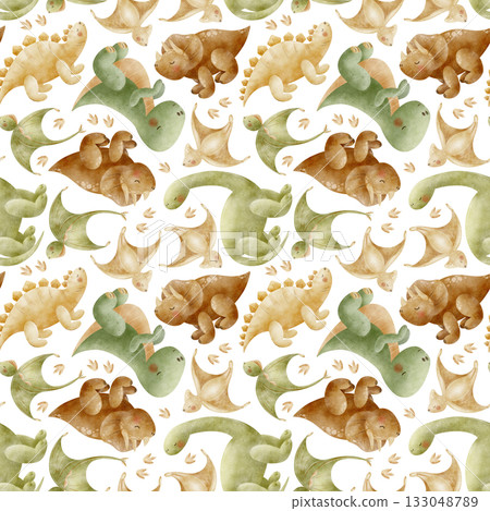 Dinosaur pattern Stegosaurus Triceratops Tyrannosaurus Pterosaur. Watercolor illustration, hand-drawn in childish style. Seamless print isolated from background for textiles fabrics clothing wallpaper 133048789