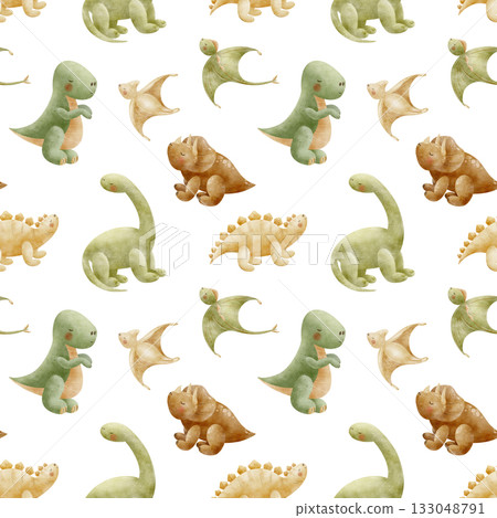 Dinosaur pattern Stegosaurus Triceratops Tyrannosaurus Pterosaur. Watercolor illustration, hand-drawn in childish style. Seamless print isolated from background for textiles fabrics clothing wallpaper 133048791