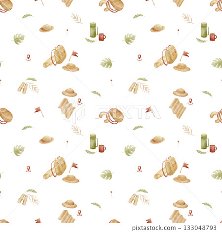 Pattern featuring hiking backpack hat map leaves travel essentials. Watercolor illustration, hand-drawn childish style. Seamless print isolated from background for textiles fabrics clothing wallpaper 133048793