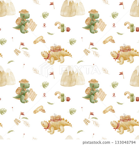 Pattern dinosaurs Tyrannosaurus Stegosaurus traveling in mountains. Watercolor illustration, hand-drawn in childish style. Seamless print isolated background for textiles fabrics clothing wallpaper 133048794