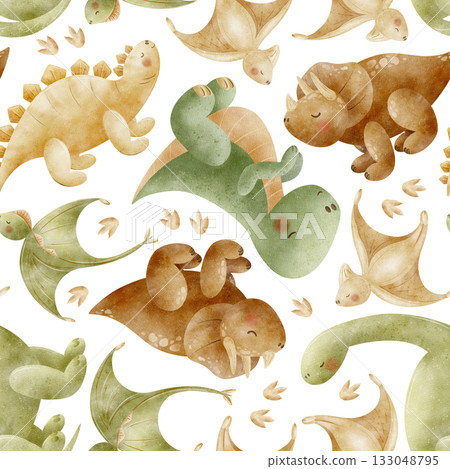 Dinosaur pattern Stegosaurus Triceratops Tyrannosaurus Pterosaur. Watercolor illustration, hand-drawn in childish style. Seamless print isolated from background for textiles fabrics clothing wallpaper 133048795