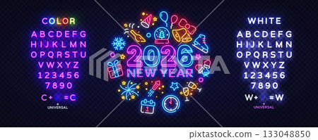 2026 New Year text formed by glowing holiday icons champagne, fireworks, gifts. Includes side alphabet sets for full customization. Vector illustration 2026 New Year text formed by glowing holiday icons champagne, fireworks, gifts. Includes side alphabet sets for full customization. Vector illustration 133048850