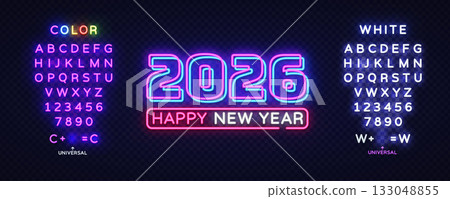 Neon text 2026 Happy New Year in the center, surrounded by glowing colorful and white alphabet and numbers. Editable universal font concept for vibrant designs. Vector illustration 133048855