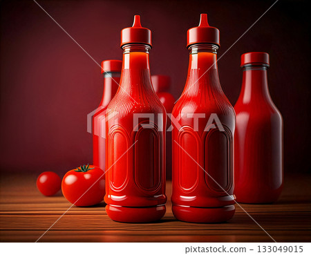 Red ketchup bottles with ripe tomatoes on a wooden table in an artistic culinary scene reflecting vibrant colors and textures 133049015