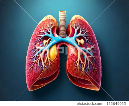 Detailed anatomical illustration of human lungs showing branches, alveoli, and blood vessels in vibrant colors for educational purposes Detailed anatomical illustration of human lungs showing branches, alveoli, and blood vessels in vibrant colors for educational purposes 133049035