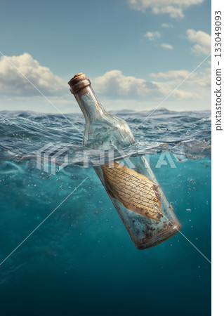 Letter in a bottle from castaway floating in the sea Letter in a bottle from castaway floating in the sea 133049093