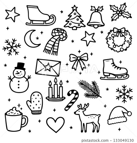 Hand Drawn Christmas Doodle Set. Cute Holiday Line Art Icons 133049130