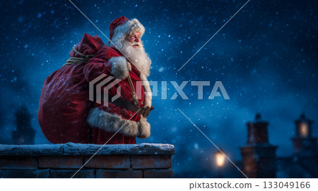 Santa claus with bag of presents on the house roof during Christmas Santa claus with bag of presents on the house roof during Christmas 133049166