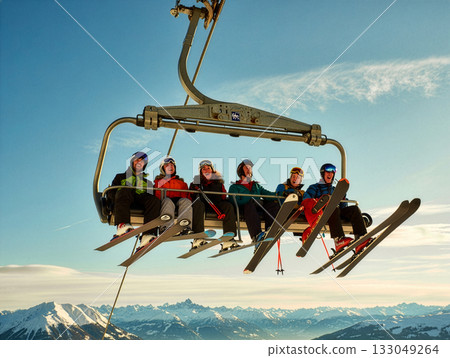 Group of friends enjoying a ski lift ride in the mountains during a sunny winter day with stunning views of snow-covered peaks 133049264
