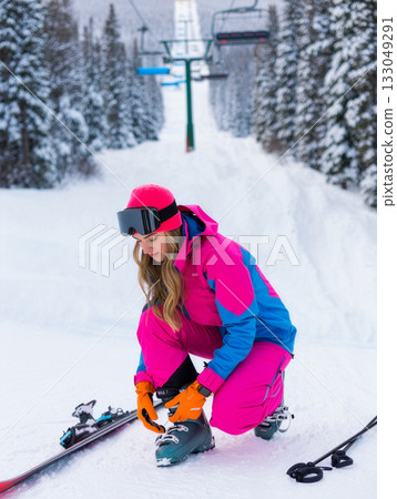 Skiing enthusiast prepares for a day on the slopes in colorful winter gear at a snowy mountain in the morning light Skiing enthusiast prepares for a day on the slopes in colorful winter gear at a snowy mountain in the morning light 133049291