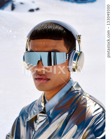 Man wearing stylish headphones and reflective sunglasses stands in a snowy landscape during daylight, showcasing modern fashion and winter vibe 133049300